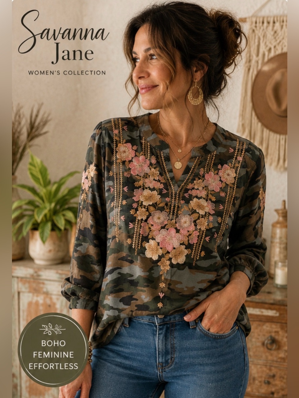 Savanna Jane Camo Floral Embroidered Boho Blouse Small Rayon Peasant Top
